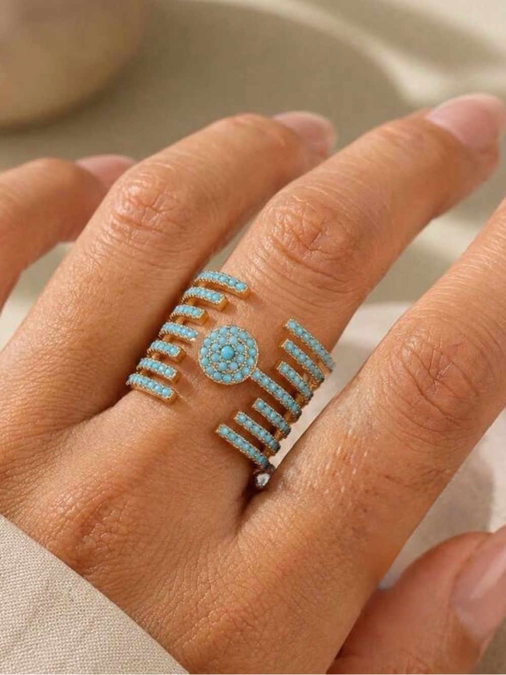 Western Ring Gold Turquoise Pave Open Ring - Women Jewelry